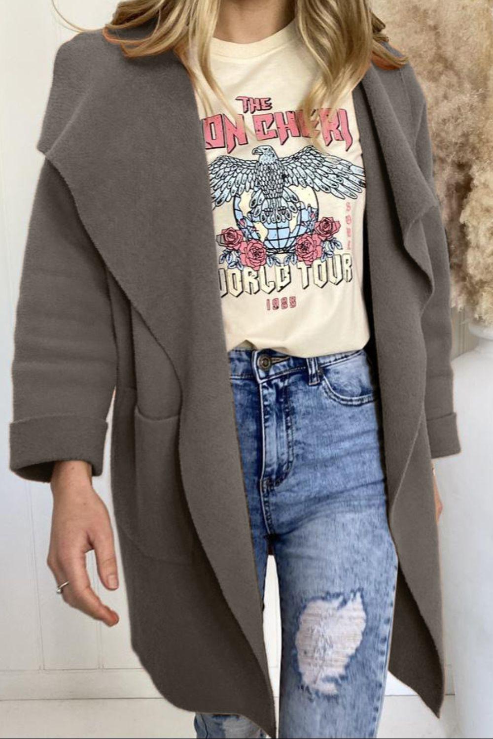 Waterfall Collar Brushed Longline Coat with Pockets BLUE ZONE PLANET