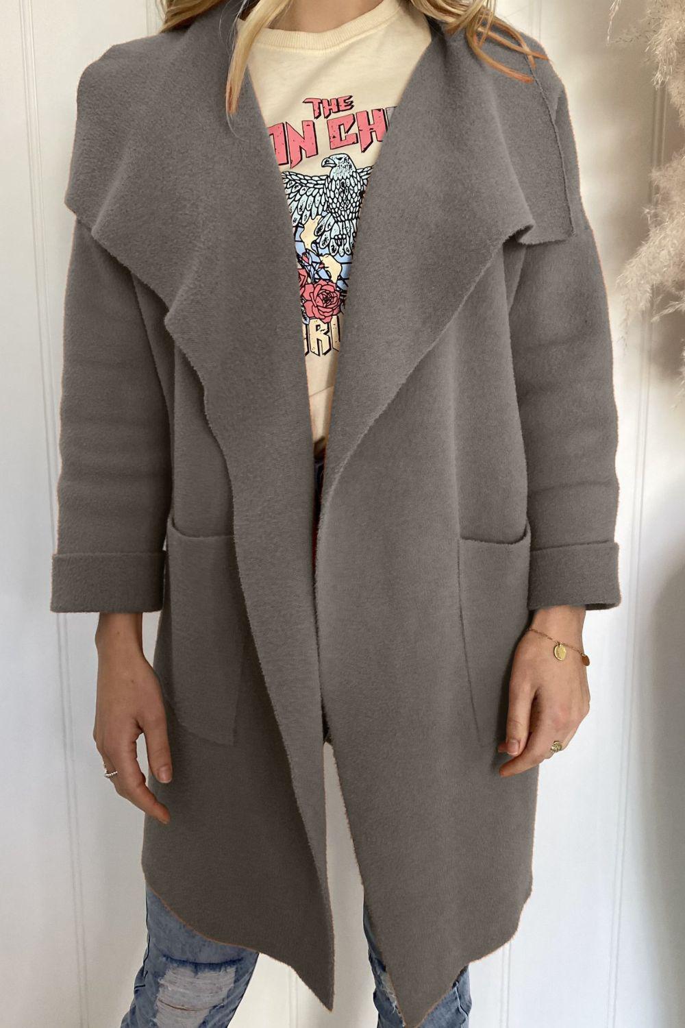 Waterfall Collar Brushed Longline Coat with Pockets BLUE ZONE PLANET