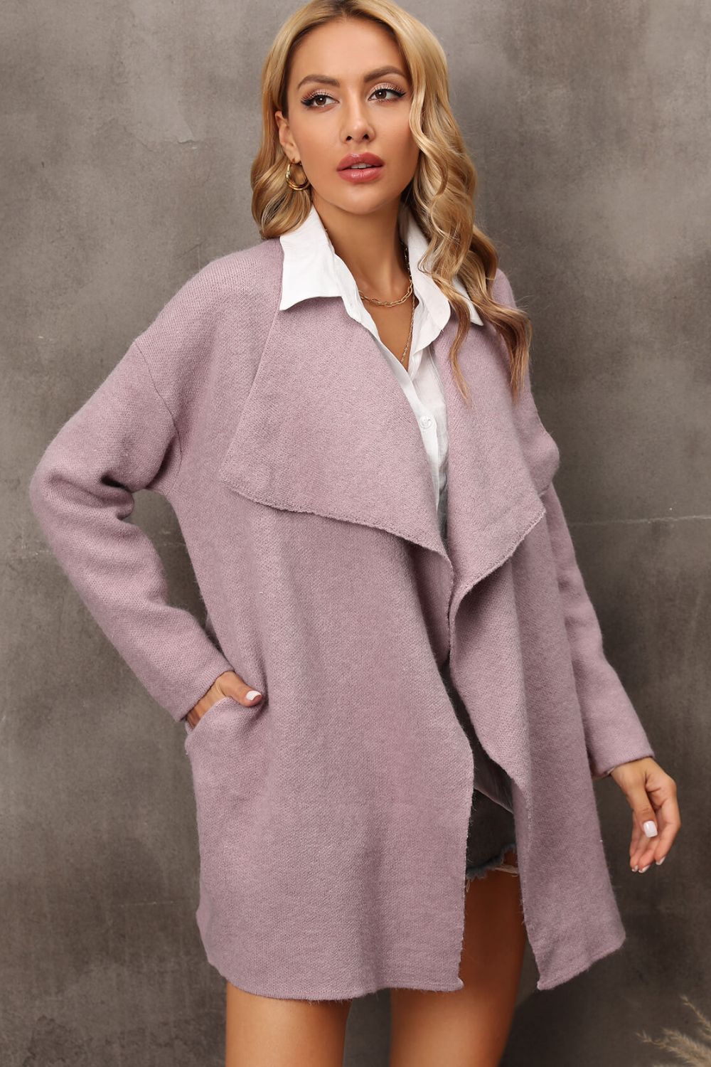 Waterfall Collar Longline Cardigan with Side Pockets BLUE ZONE PLANET