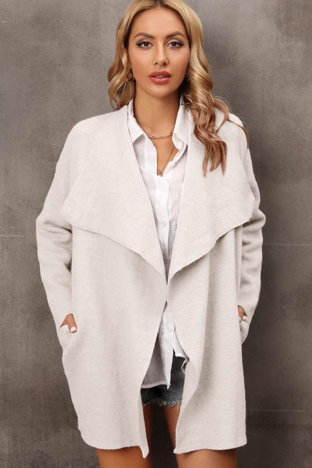 Waterfall Collar Longline Cardigan with Side Pockets BLUE ZONE PLANET