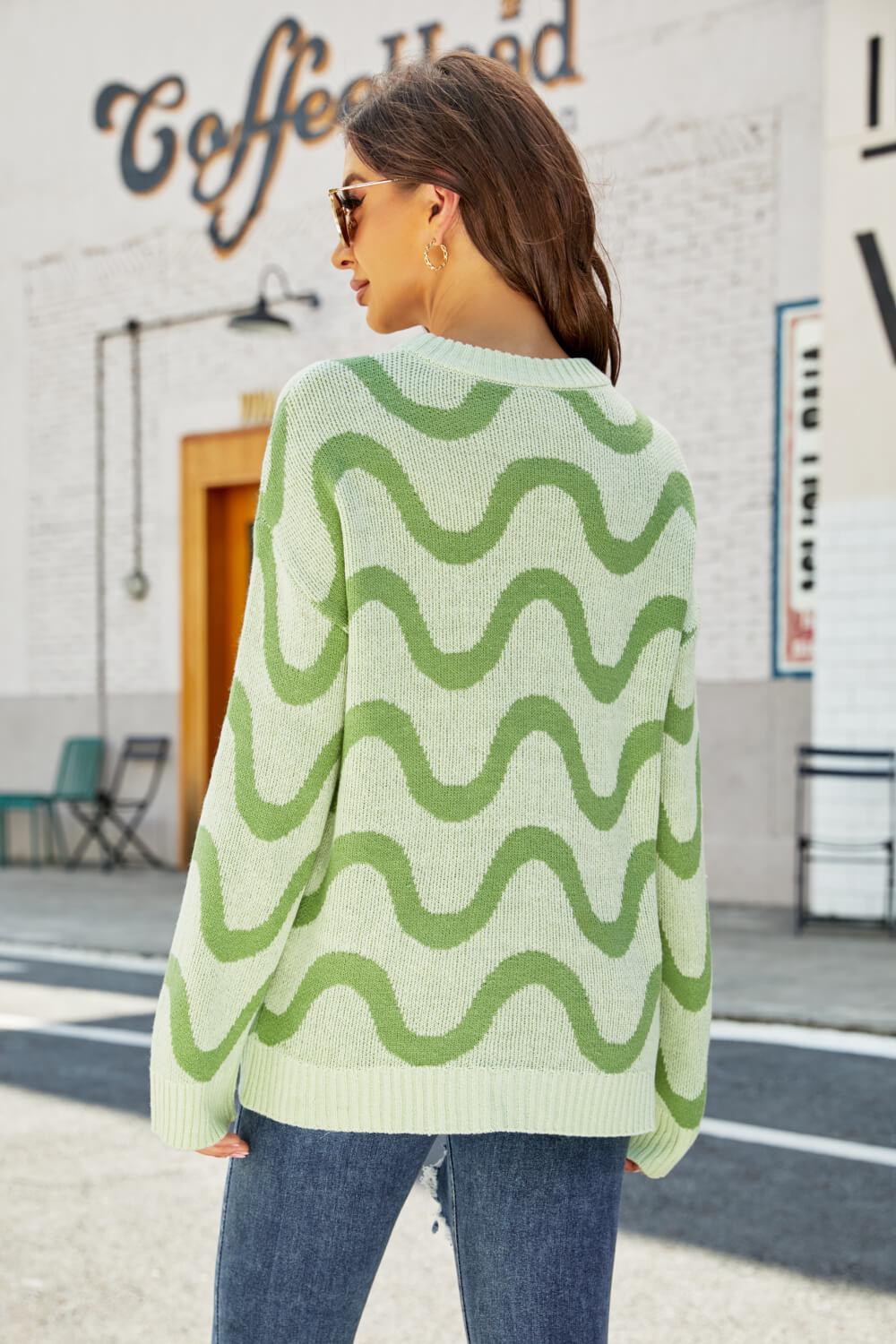 Wave Stripe Ribbed Trim Tunic Sweater BLUE ZONE PLANET