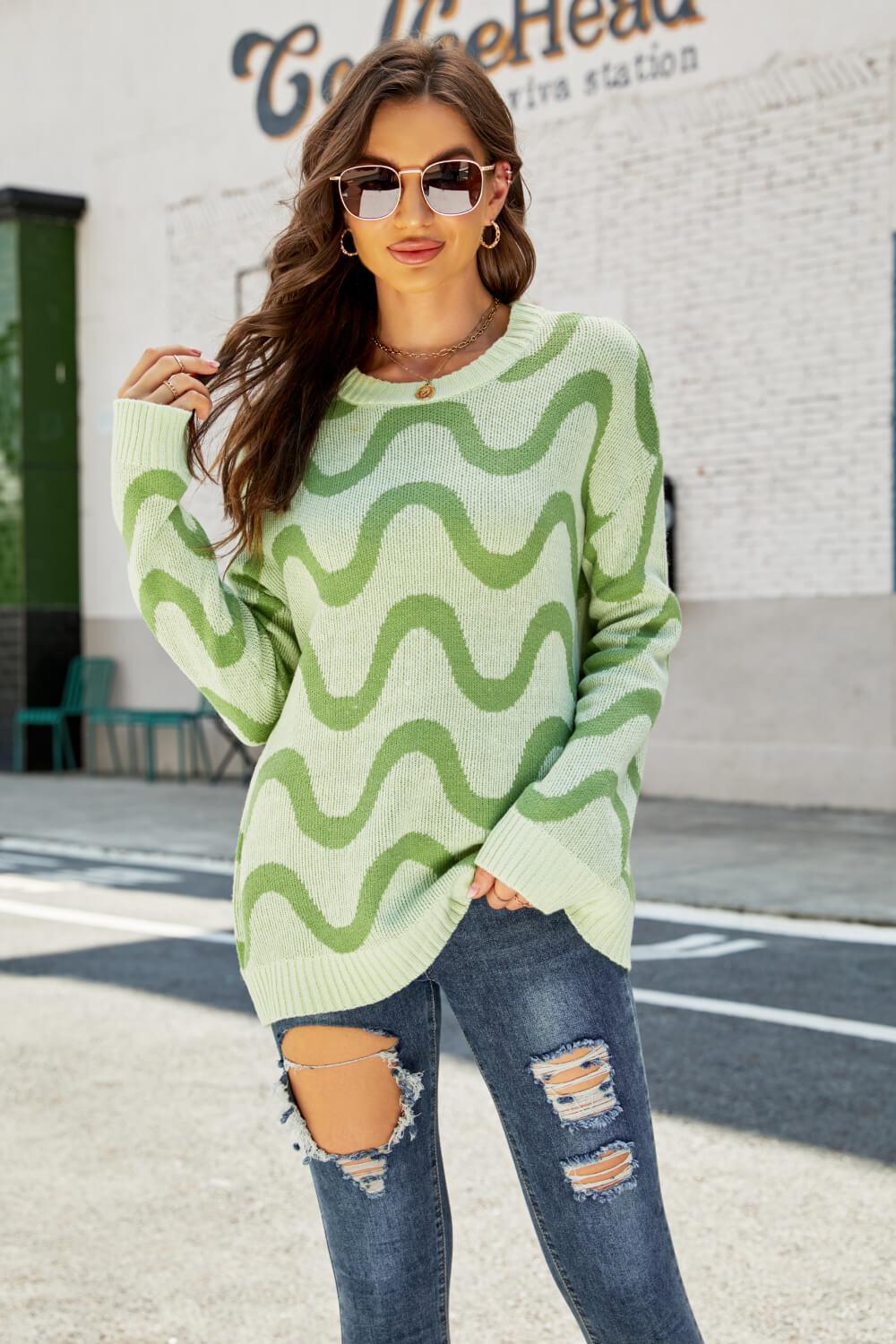 Wave Stripe Ribbed Trim Tunic Sweater BLUE ZONE PLANET
