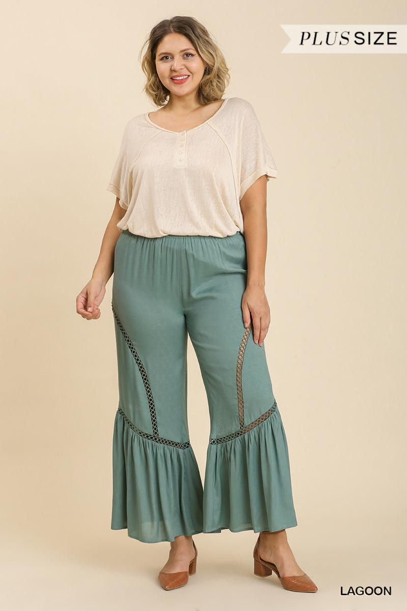 Wide Leg Elastic Waist Lace Tape Pants Blue Zone Planet
