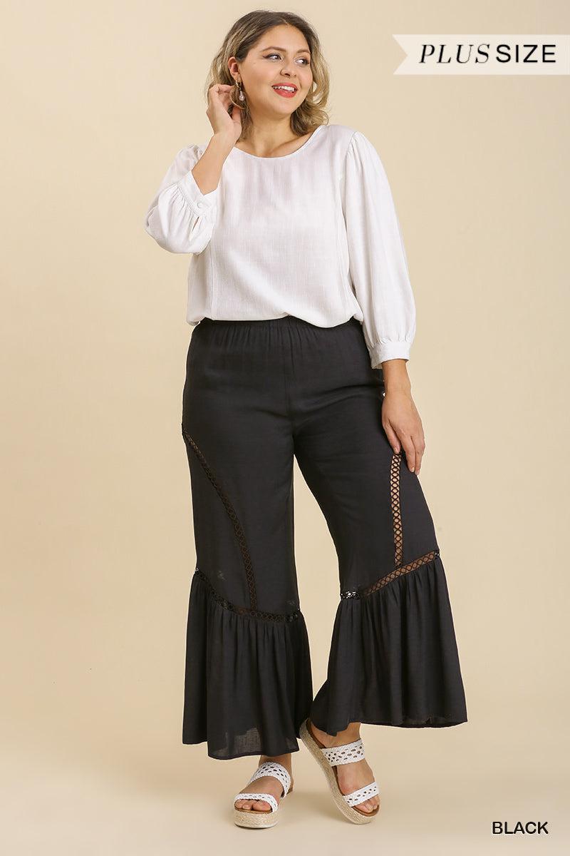 Wide Leg Elastic Waist Lace Tape Pants Blue Zone Planet