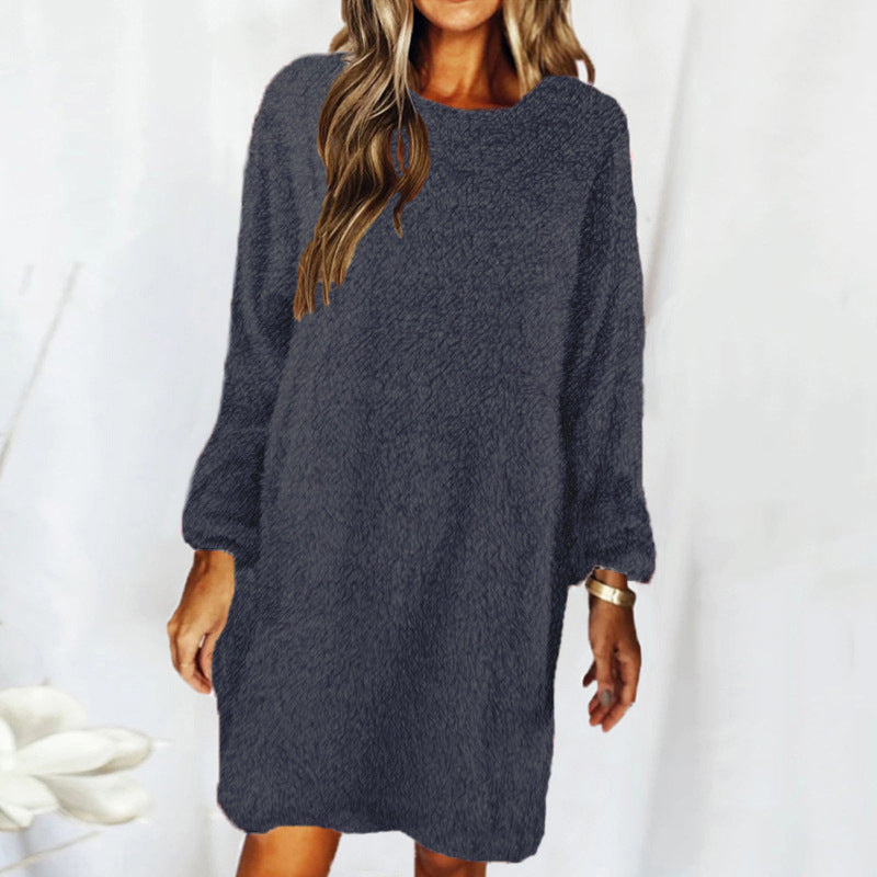 Blue Zone Planet | Autumn Winter Loose Long Sleeved Plush Dress kakaclo