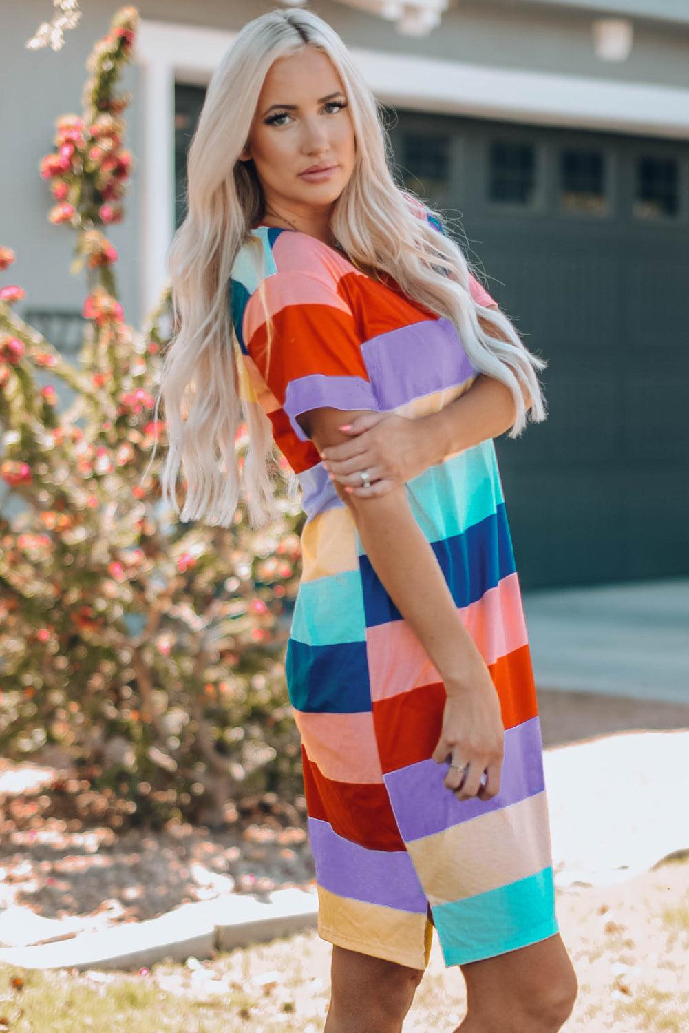 Women Color Block Side Slit Mini Dress BLUE ZONE PLANET
