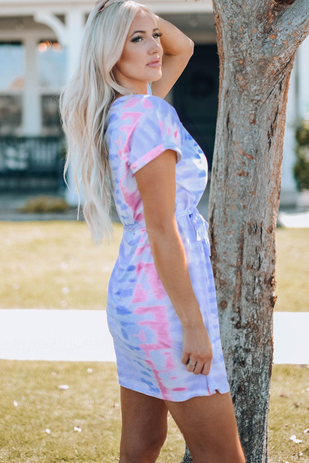 Women Tie-Dye Belted T-Shirt Dress BLUE ZONE PLANET