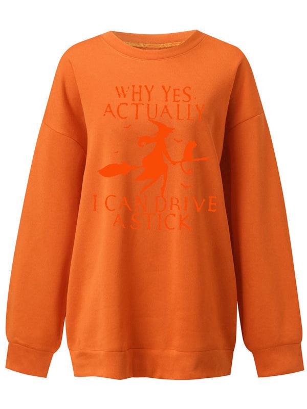 Women's Halloween Witch letter print loose round neck falling shoulder long sleeve sweater BLUE ZONE PLANET