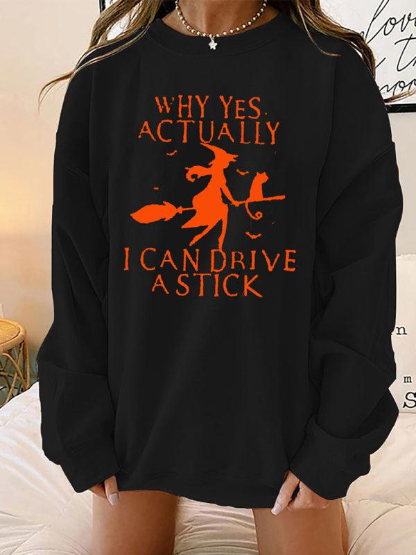 Women's Halloween Witch letter print loose round neck falling shoulder long sleeve sweater BLUE ZONE PLANET