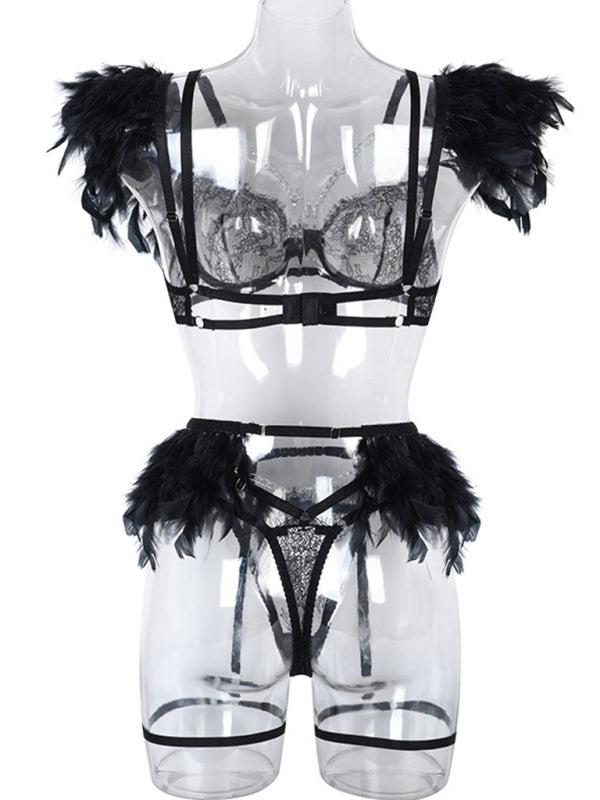 Women's Solid Color Sexy Faux Feather Cold Sweat 3 Piece Sexy Lingerie BLUE ZONE PLANET