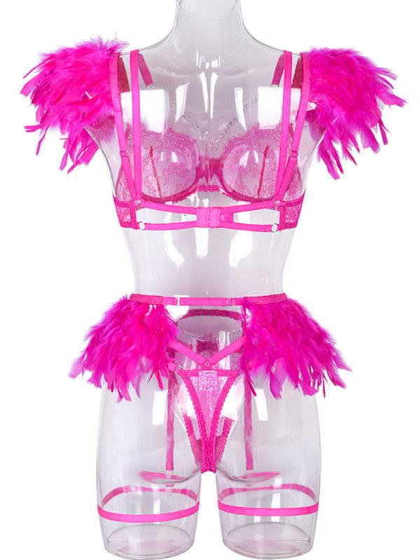 Women's Solid Color Sexy Faux Feather Cold Sweat 3 Piece Sexy Lingerie BLUE ZONE PLANET