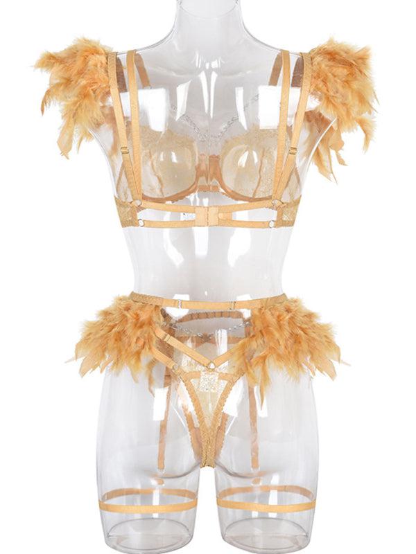 Women's Solid Color Sexy Faux Feather Cold Sweat 3 Piece Sexy Lingerie BLUE ZONE PLANET