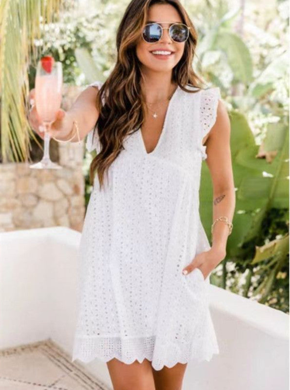 Blue Zone Planet | Lace stitching V-neck mini dress BLUE ZONE PLANET