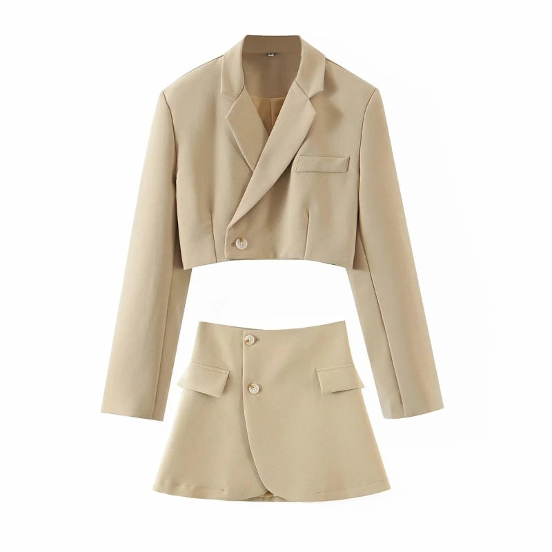 diagonal button short blazer + high waist pocket skirt suit BLUE ZONE PLANET