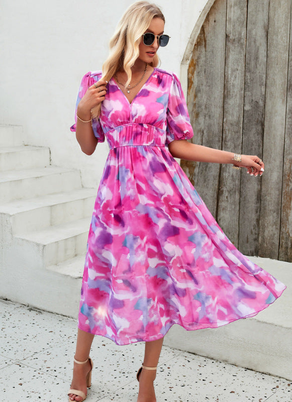 Elegant printed waist V-neck long dress kakaclo