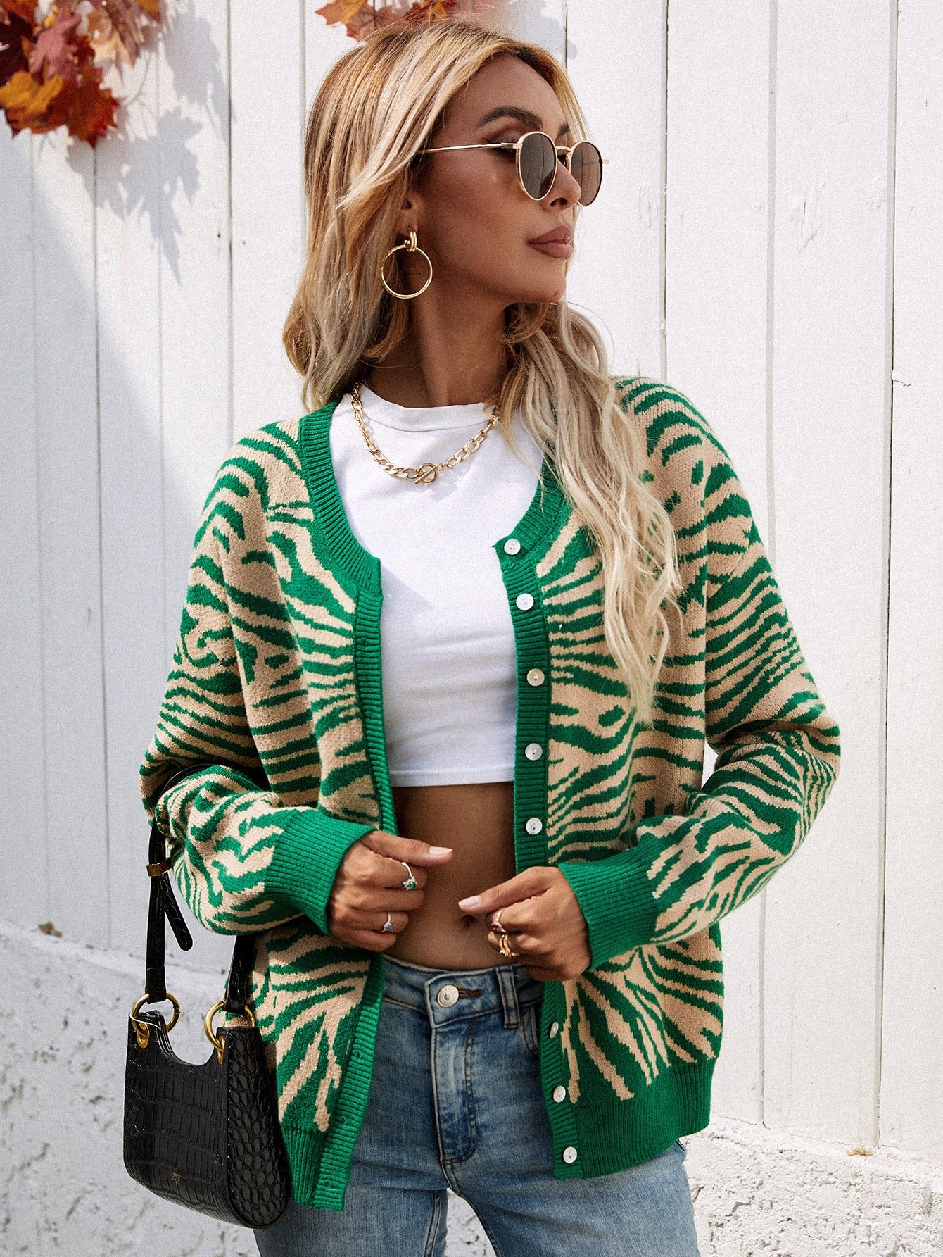 Zebra Print Button Down Cardigan BLUE ZONE PLANET