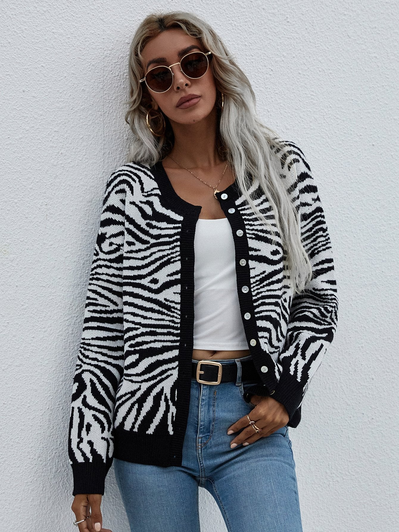 Zebra Print Button Down Cardigan BLUE ZONE PLANET