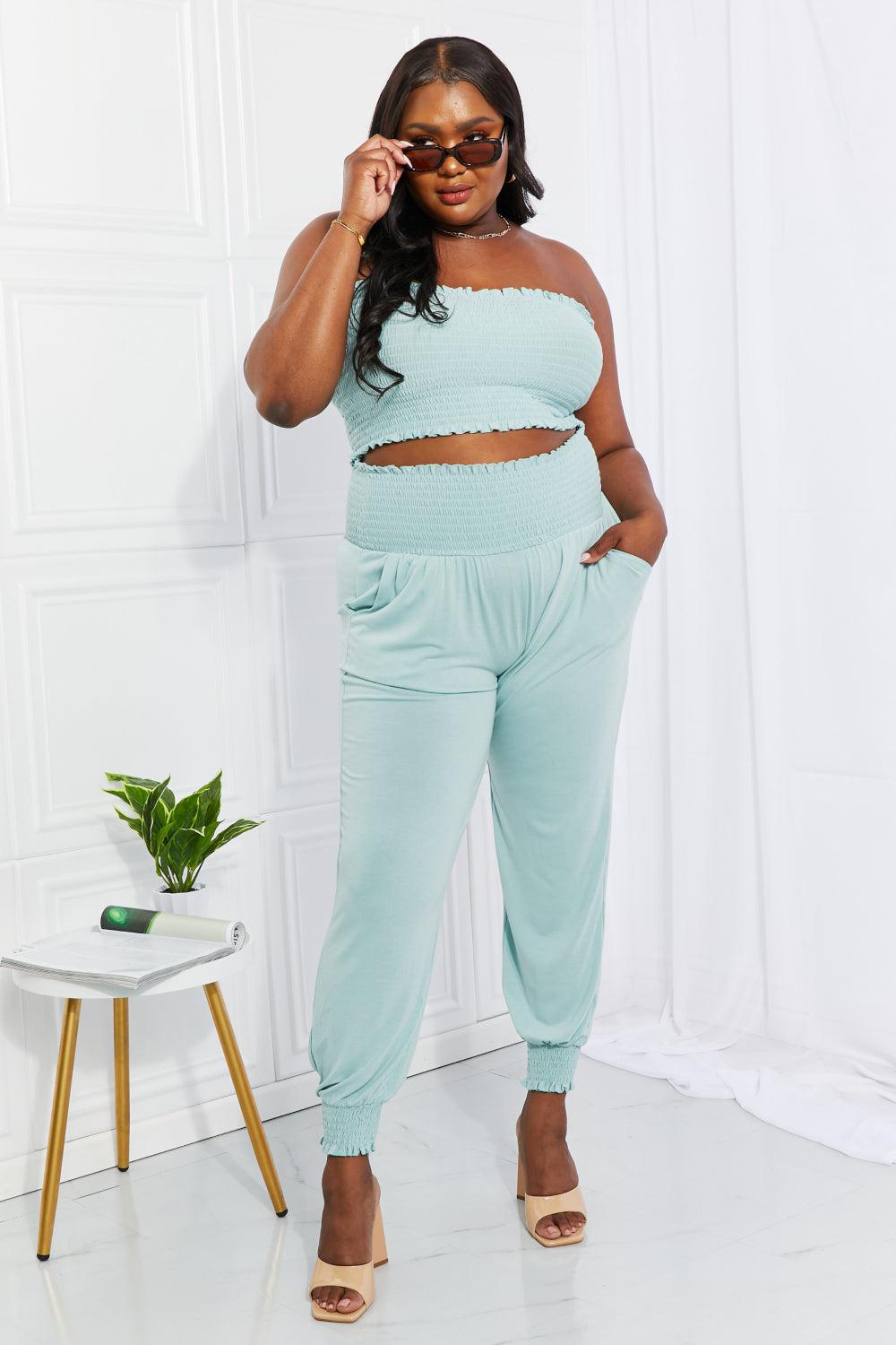 Zenana Full Size Stylish Comfort Smocked Tube Top & Joggers Set BLUE ZONE PLANET