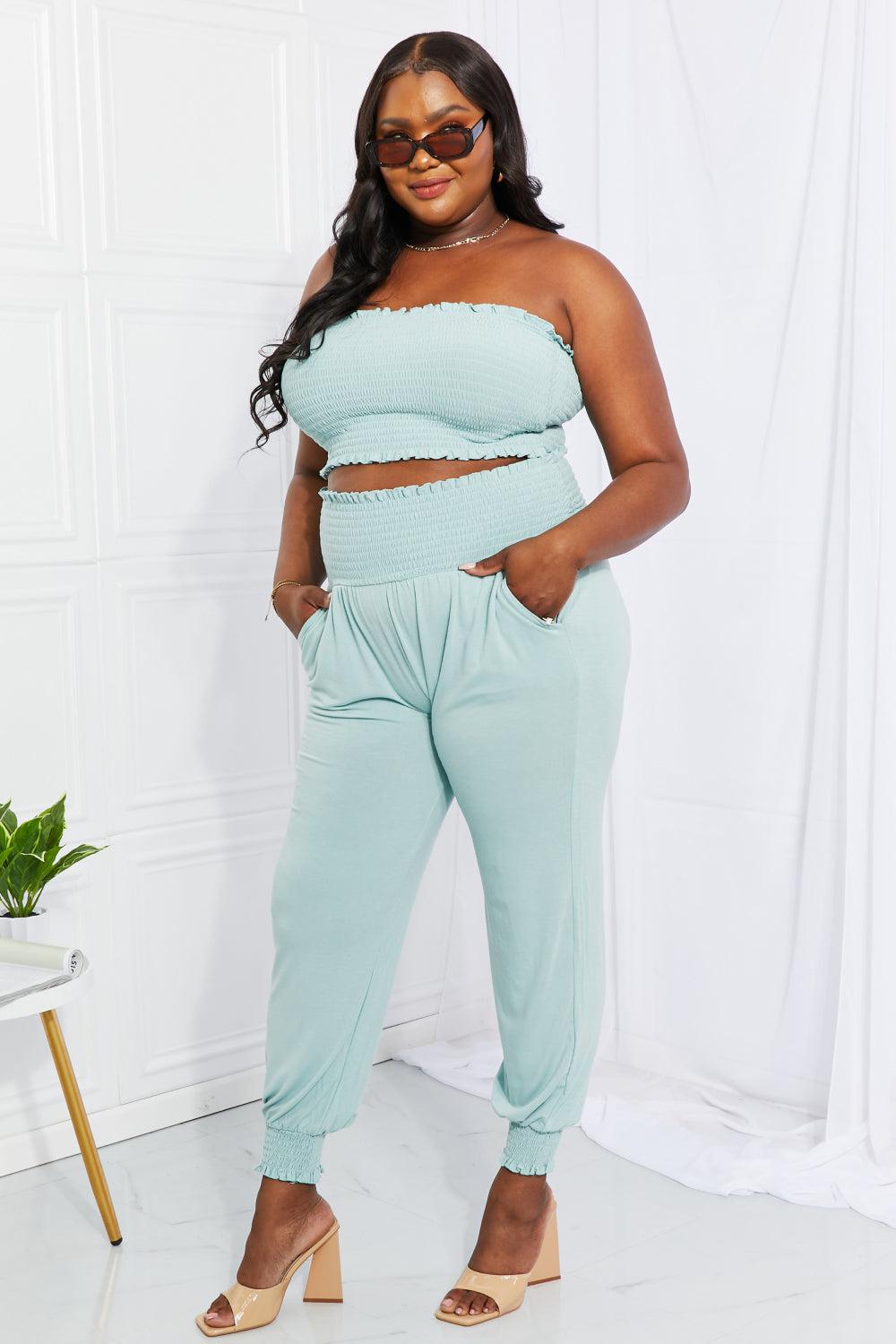 Zenana Full Size Stylish Comfort Smocked Tube Top & Joggers Set BLUE ZONE PLANET