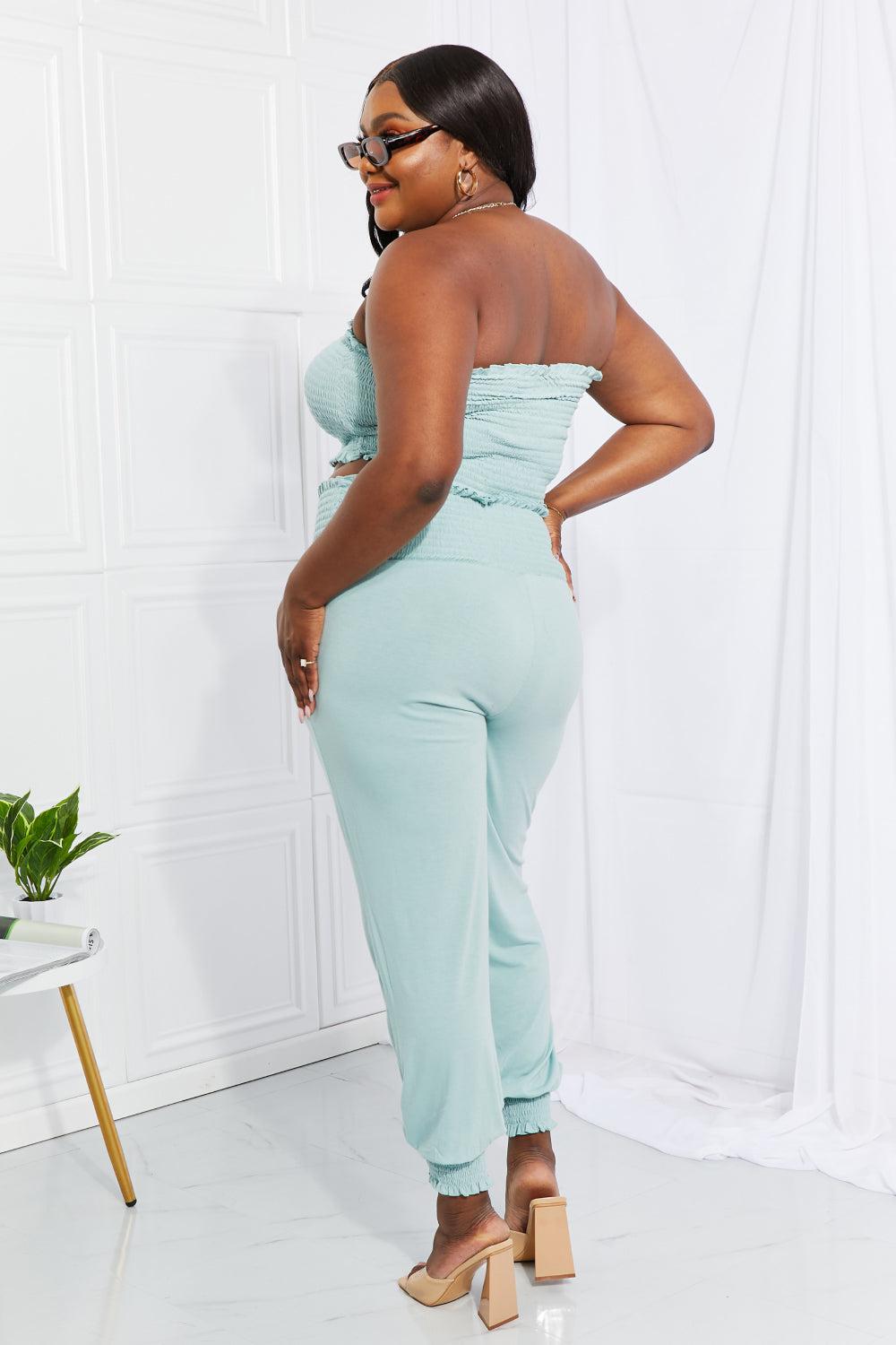 Zenana Full Size Stylish Comfort Smocked Tube Top & Joggers Set BLUE ZONE PLANET