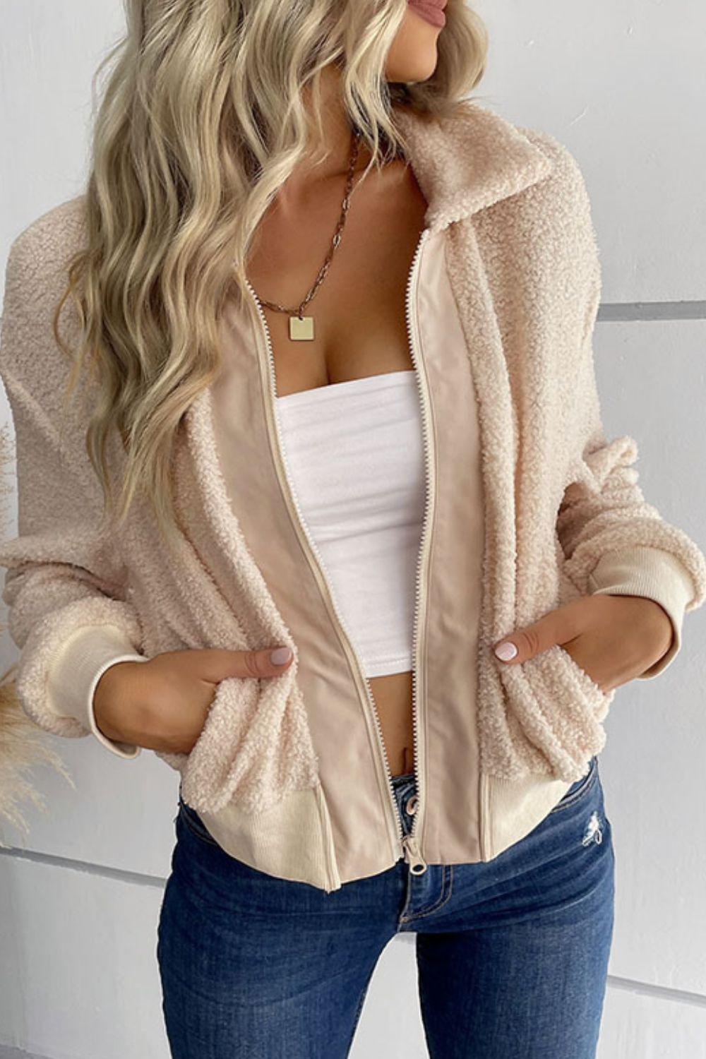 Zip-Up Sherpa Collared Neck Jacket with Pockets BLUE ZONE PLANET