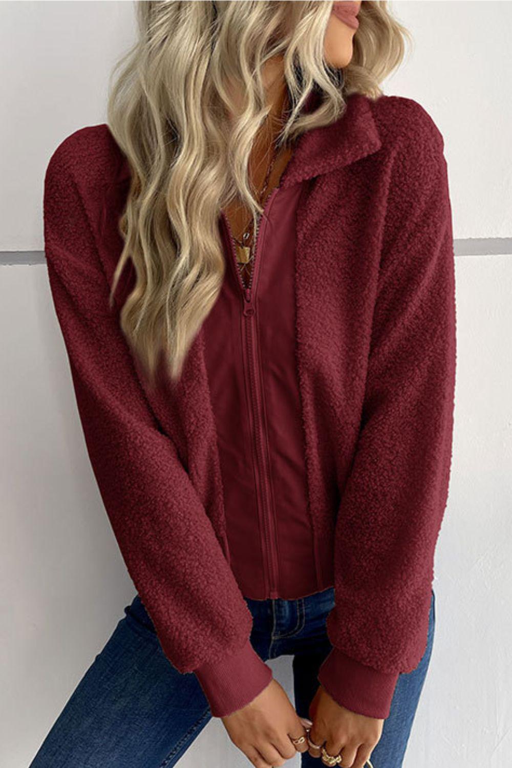 Zip-Up Sherpa Collared Neck Jacket with Pockets BLUE ZONE PLANET