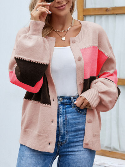 Blue Zone Planet | Color Block Button Up Lantern Sleeve Cardigan BLUE ZONE PLANET