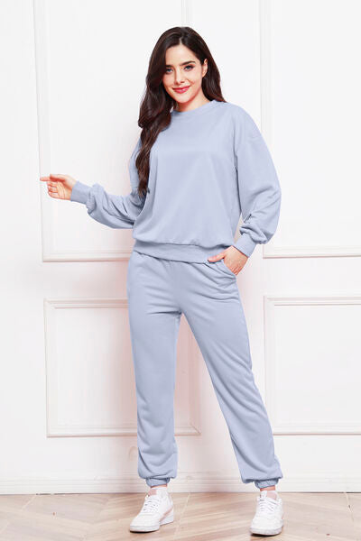 Blue Zone Planet | Round Neck Long Sleeve Sweatshirt and Pants Set BLUE ZONE PLANET