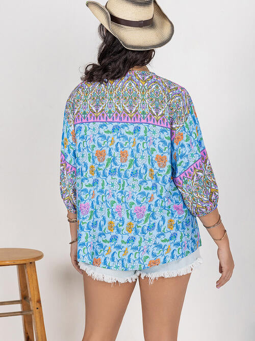 Plus Size Printed Tie Neck Balloon Sleeve Blouse BLUE ZONE PLANET