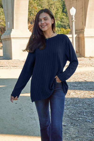 Basic Bae Full Size Ribbed Round Neck Long Sleeve Knit Top BLUE ZONE PLANET