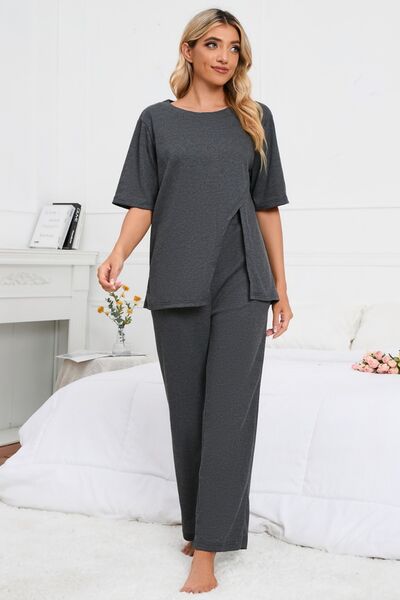 Slit Round Neck Top and Pants Lounge Set Trendsi