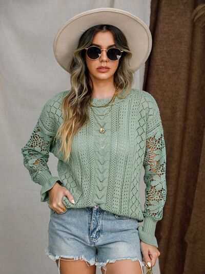 Blue Zone Planet | Eyelet Crochet Lantern Sleeve Sweater BLUE ZONE PLANET