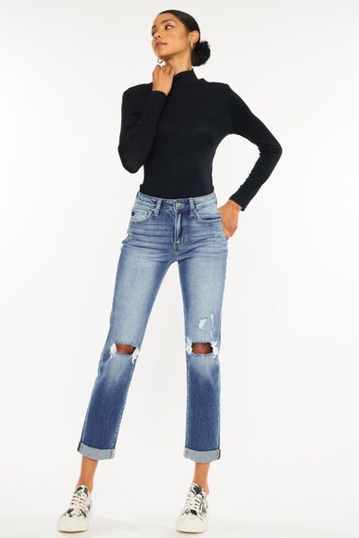 Kancan High Waist Distressed Hem Detail Cropped Straight Jeans BLUE ZONE PLANET
