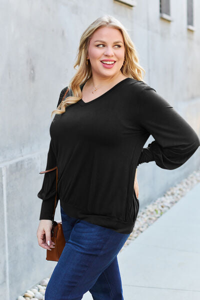 Blue Zone Planet | Basic Bae Full Size V-Neck Lantern Sleeve Blouse BLUE ZONE PLANET
