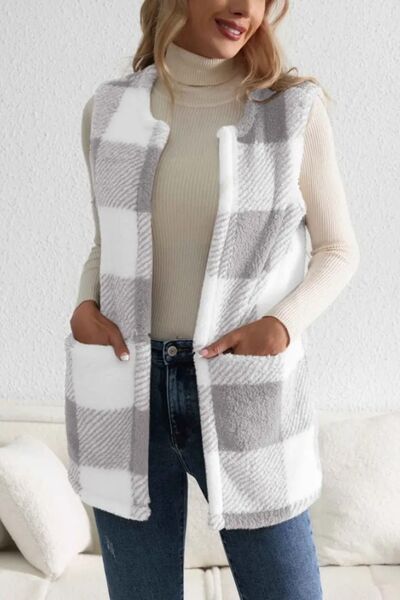 Sherpa Plaid Open Front Vest Coat BLUE ZONE PLANET