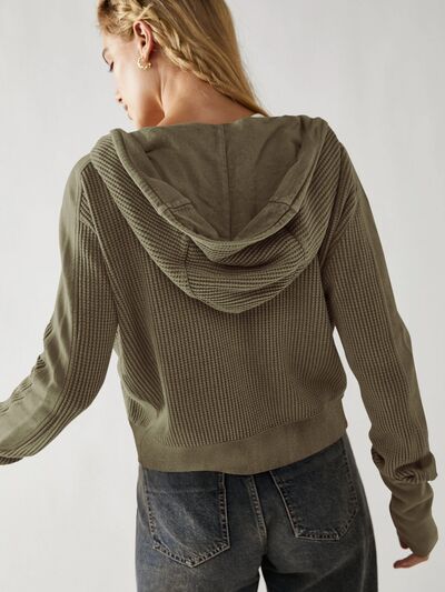 Blue Zone Planet | Waffle-Knit Dropped Shoulder Hooded Jacket BLUE ZONE PLANET