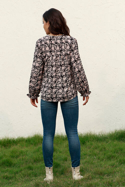 Floral Flounce Sleeve Round Neck Blouse BLUE ZONE PLANET