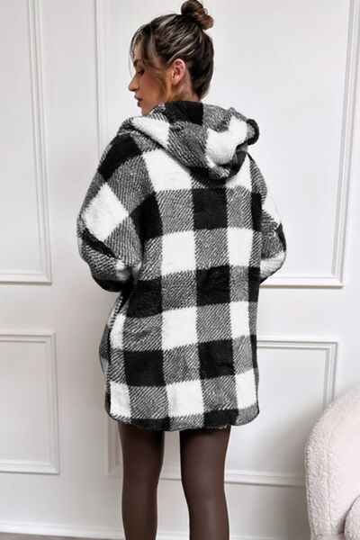 Blue Zone Planet | Double Take Full Size Plaid Long Sleeve Hooded Coat BLUE ZONE PLANET