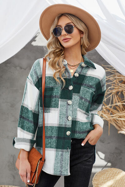 Blue Zone Planet | Plaid Button Up Dropped Shoulder Jacket BLUE ZONE PLANET