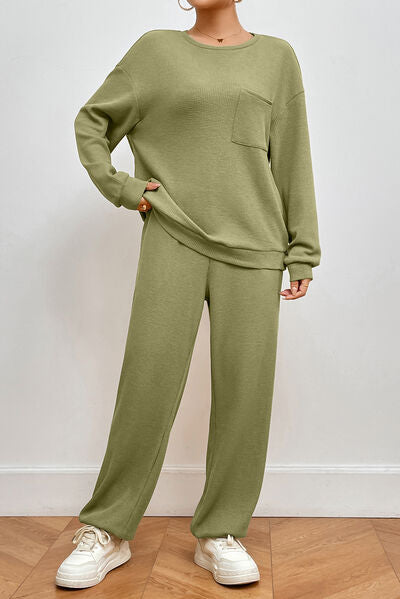 Pocketed Round Neck Top and Pants Lounge Set Trendsi