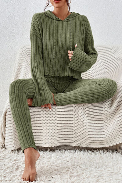 Blue Zone Planet | Lettuce Hem Dropped Shoulder Hooded Top and Pants Set BLUE ZONE PLANET