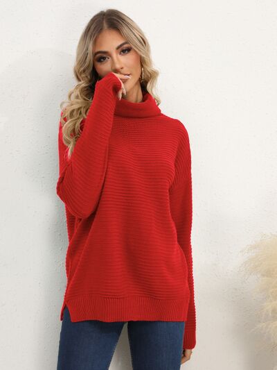 Slit Turtleneck Dropped Shoulder Sweater Trendsi