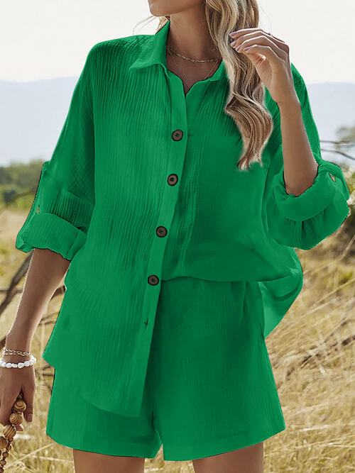 Texture Button Up Shirt and Shorts Set BLUE ZONE PLANET