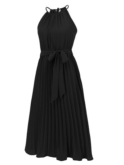Blue Zone Planet | Pleated Spaghetti Strap Tie Waist Midi Dress BLUE ZONE PLANET