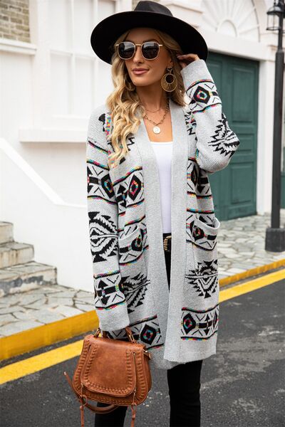 Pocketed Geometric Open Front Dropped Shoulder Cardigan BLUE ZONE PLANET