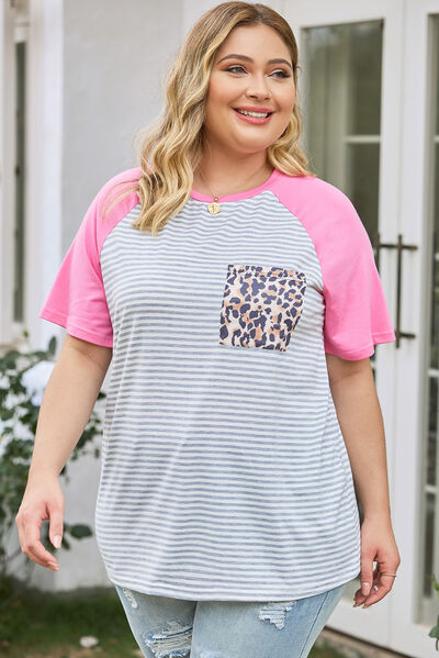 Blue Zone Planet | Plus Size Striped Leopard Round Neck T-Shirt BLUE ZONE PLANET