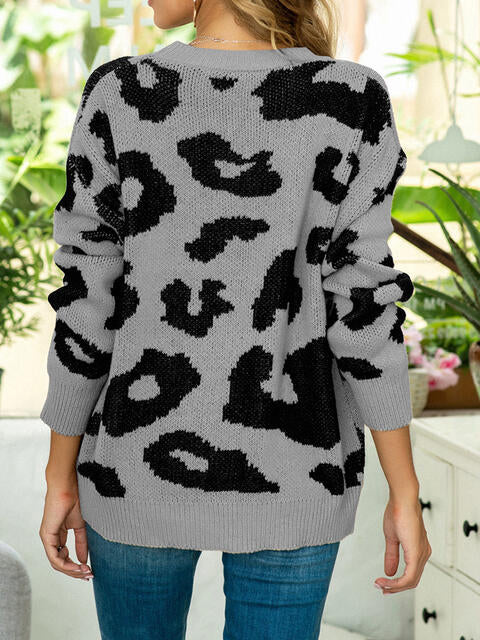 Drop Shoulder Leopard Pullover Sweater BLUE ZONE PLANET