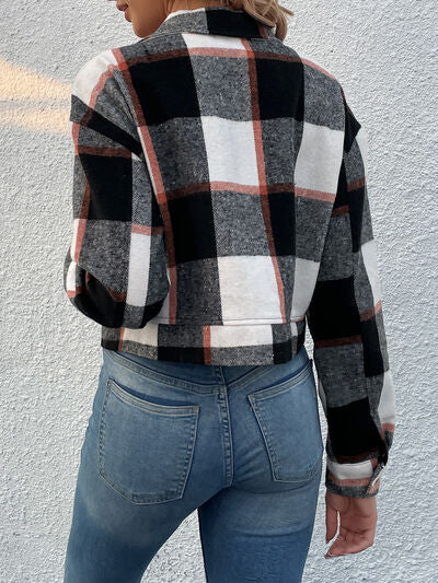 Blue Zone Planet | Plaid Button Up Drop Shoulder Cropped Jacket BLUE ZONE PLANET