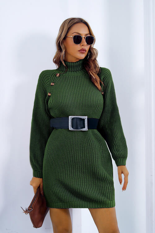 Buttoned Turtleneck Long Sleeve Sweater Dress BLUE ZONE PLANET