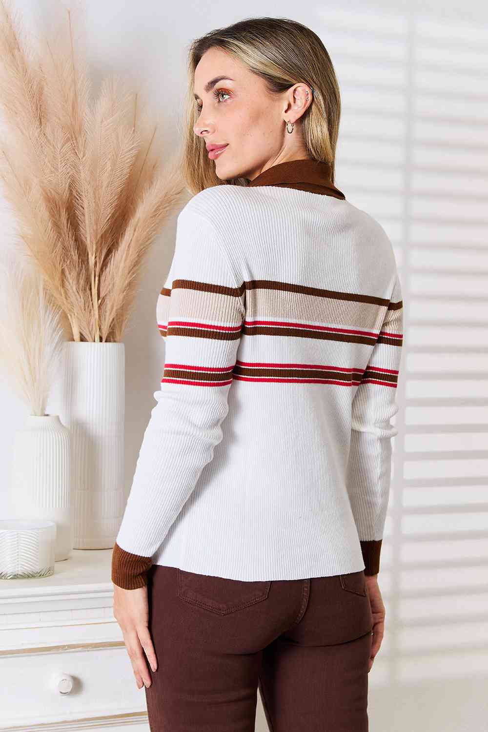 Basic Bae Striped Collared Neck Rib-Knit Top BLUE ZONE PLANET